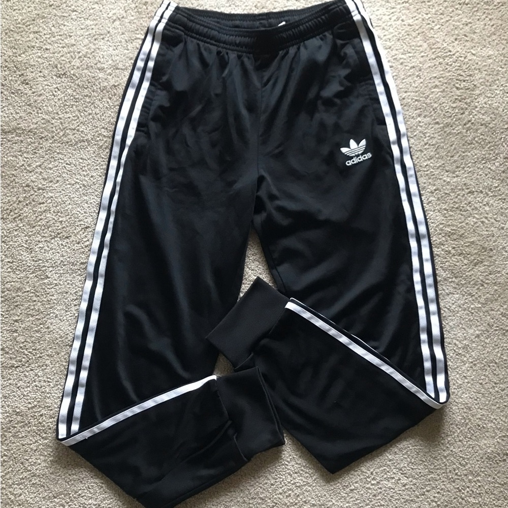 Boys Adidas Athletic Pants Joggers Black White Stripes W/ Logo Size Large 13/14